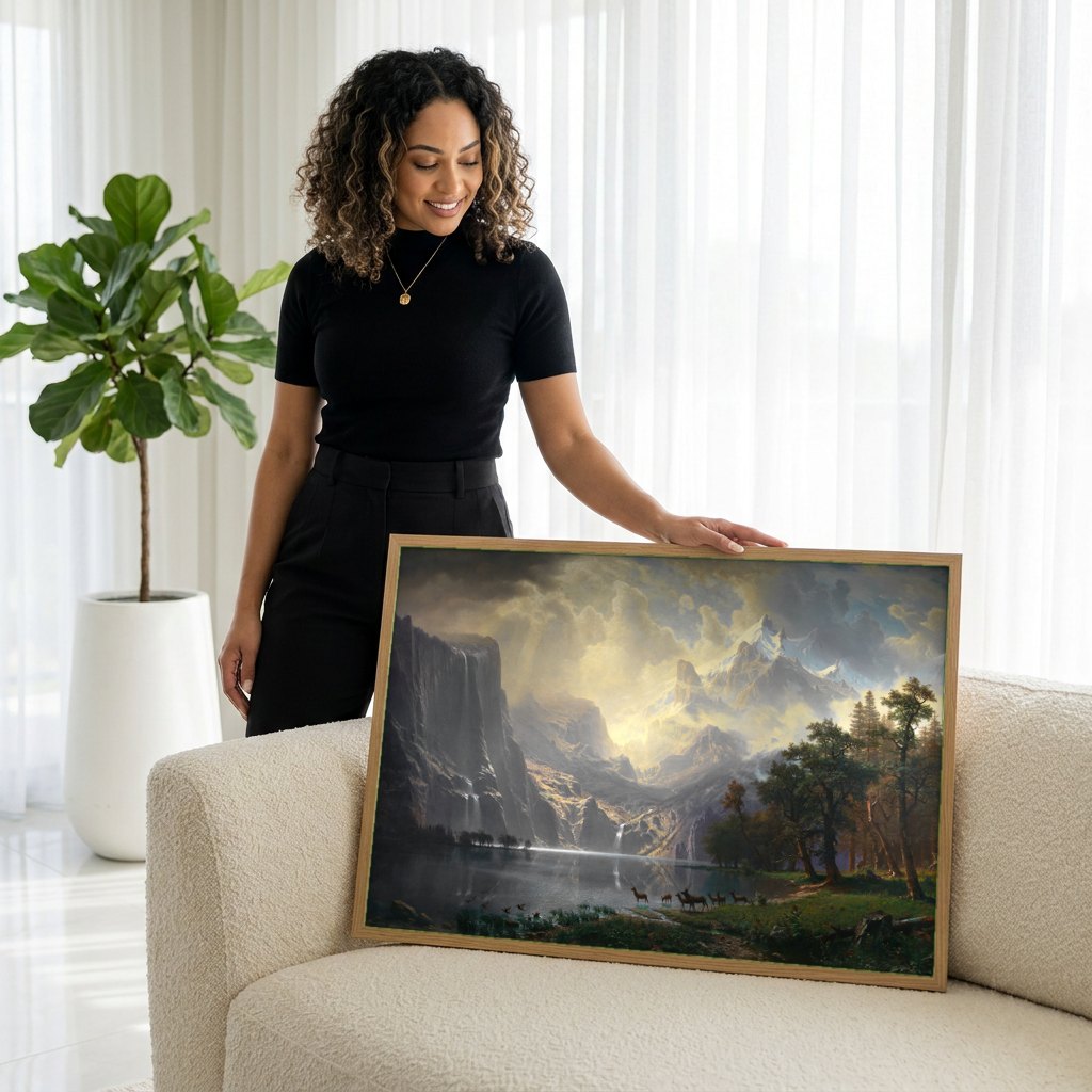 Quadro Decorativo A Luz das Montanhas - Albert Bierstadt | modelo apresentando o quadro emoldurado