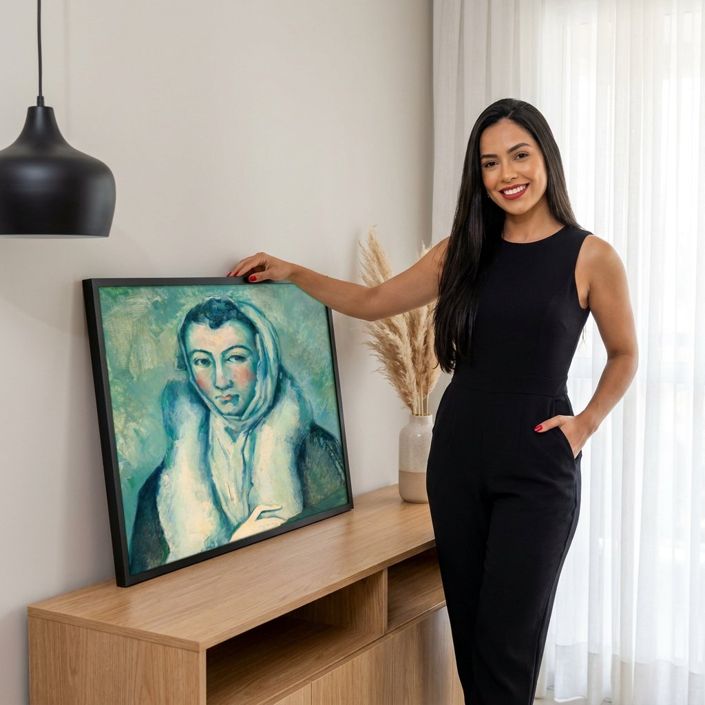 Quadro Decorativo A Mulher no Xale - Paul Cézanne | modelo apresentando o quadro emoldurado