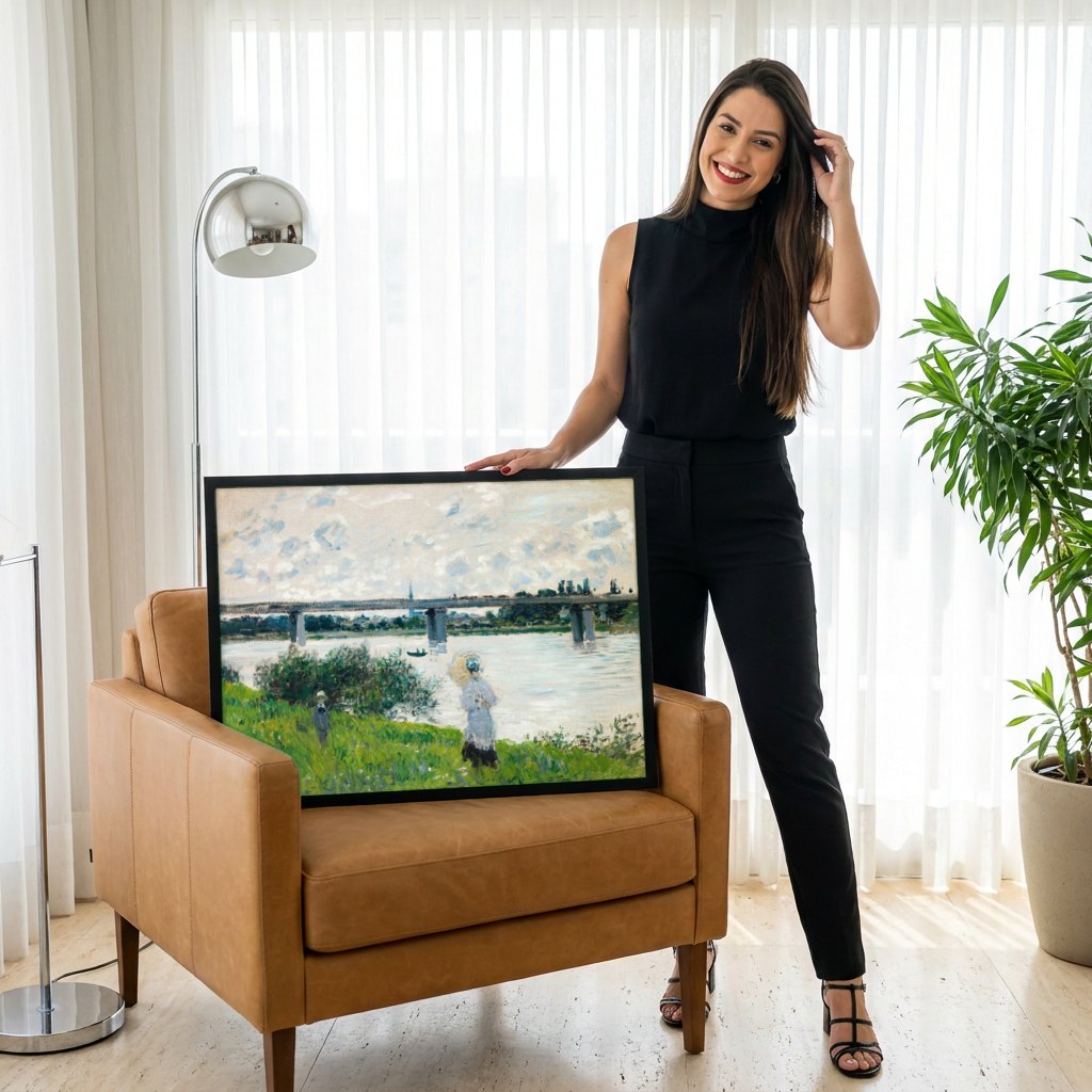 Quadro Decorativo A Ponte de Argenteuil - Claude Monet | modelo apresentando o quadro emoldurado