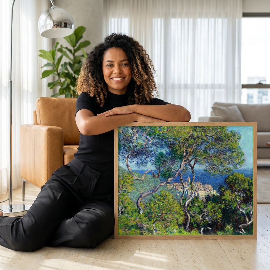 Quadro Decorativo 'Vista de Bordighera' - Claude Monet | modelo apresentando o quadro emoldurado