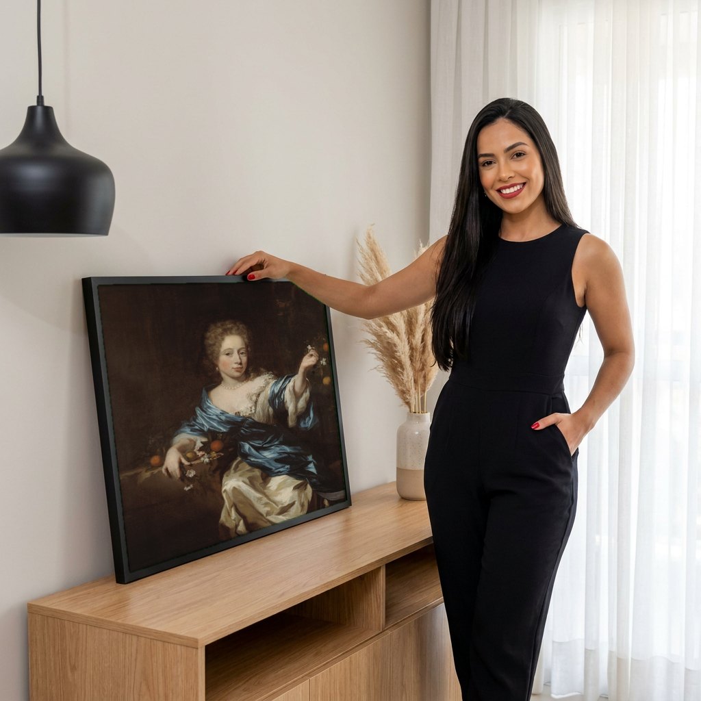 Quadro Decorativo Retrato Feminino com Laranjas - Nicolaes Maes | modelo apresentando o quadro emoldurado