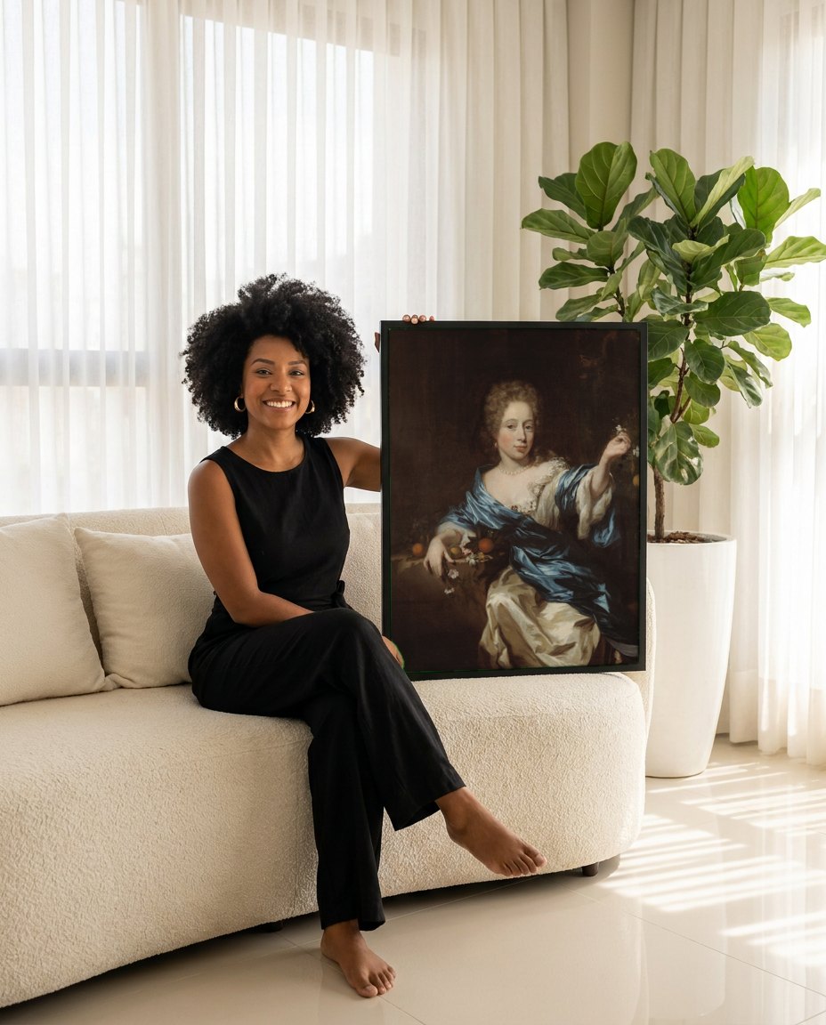 Quadro Decorativo Retrato Feminino com Laranjas - Nicolaes Maes | modelo apresentando o quadro emoldurado