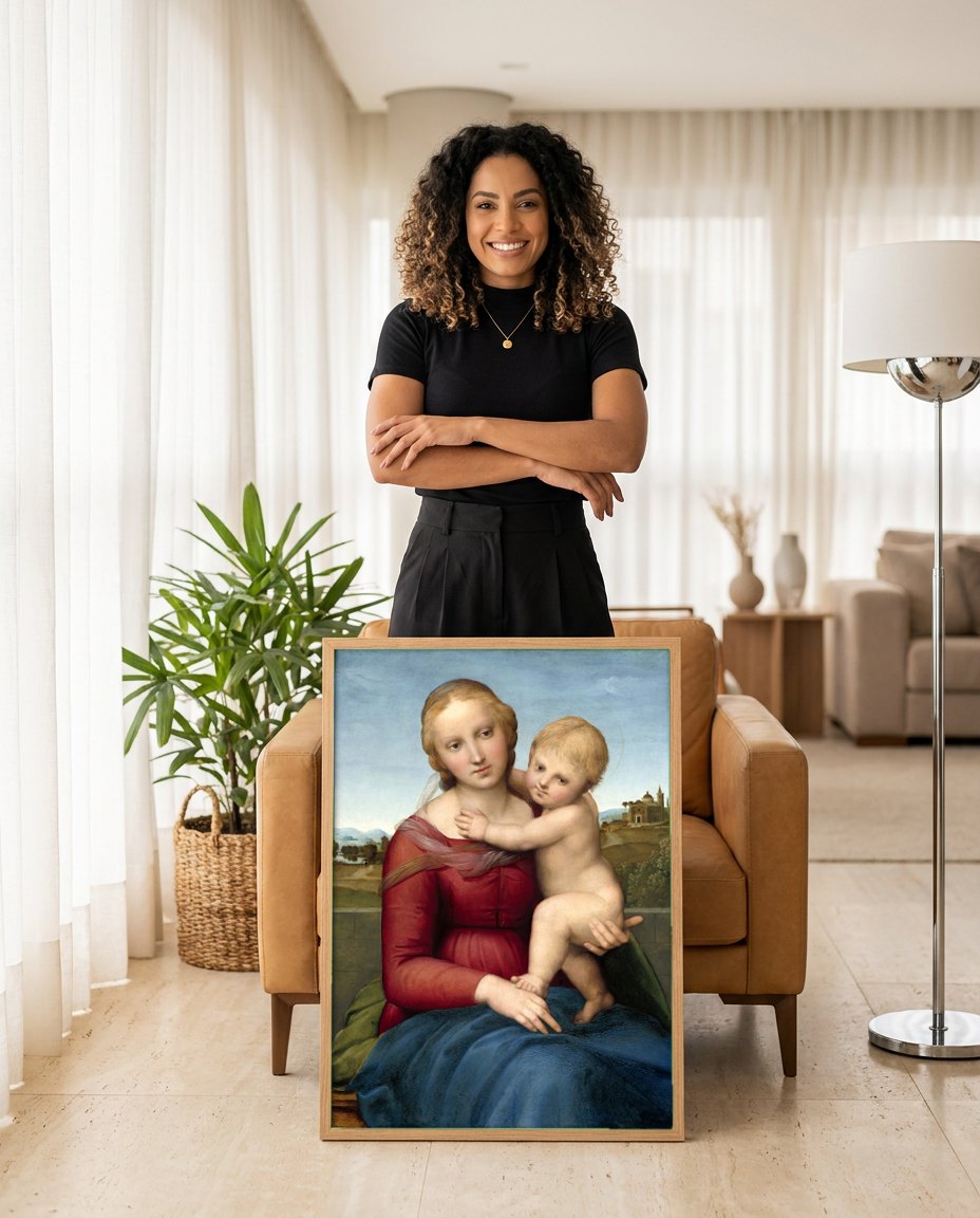 Quadro Decorativo Madonna Alba - Rafael | modelo apresentando o quadro emoldurado