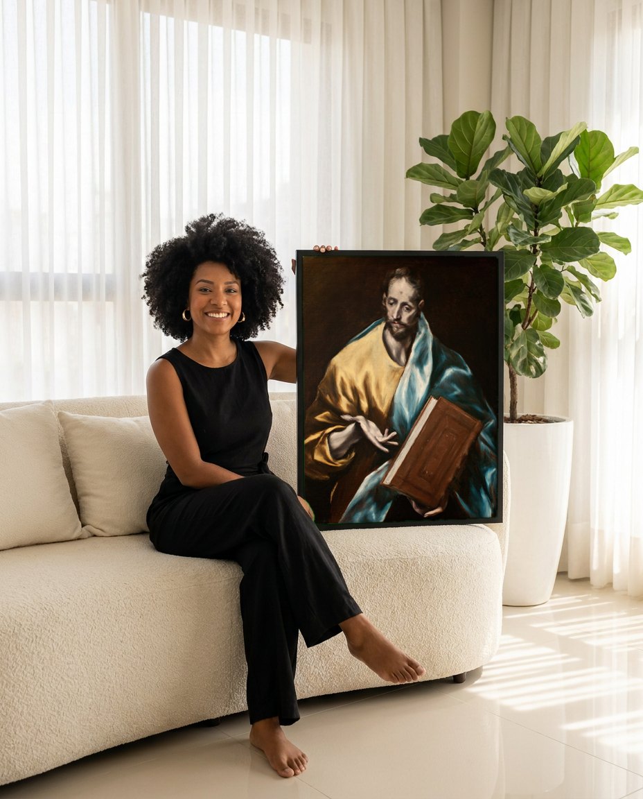 Quadro Decorativo Apóstolo com Livro - El Greco | modelo apresentando o quadro emoldurado