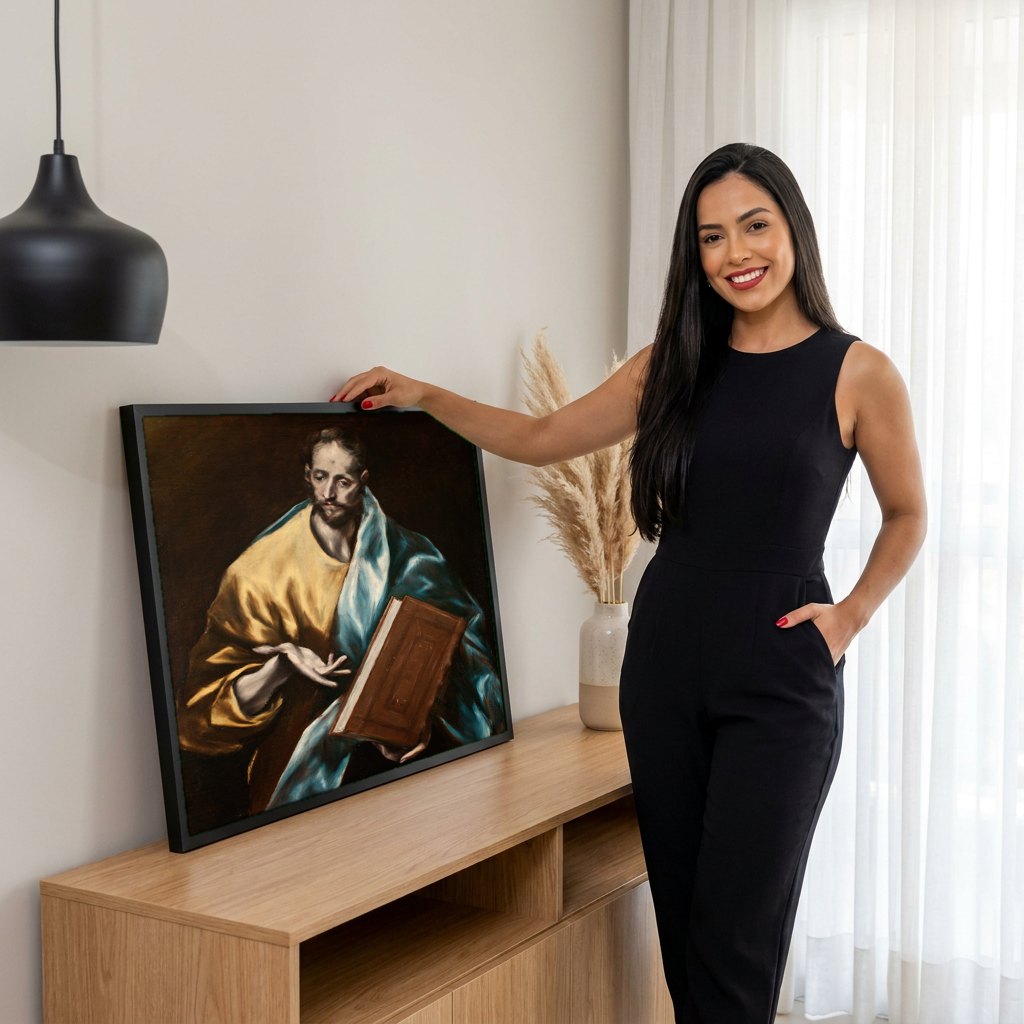 Quadro Decorativo Apóstolo com Livro - El Greco | modelo apresentando o quadro emoldurado