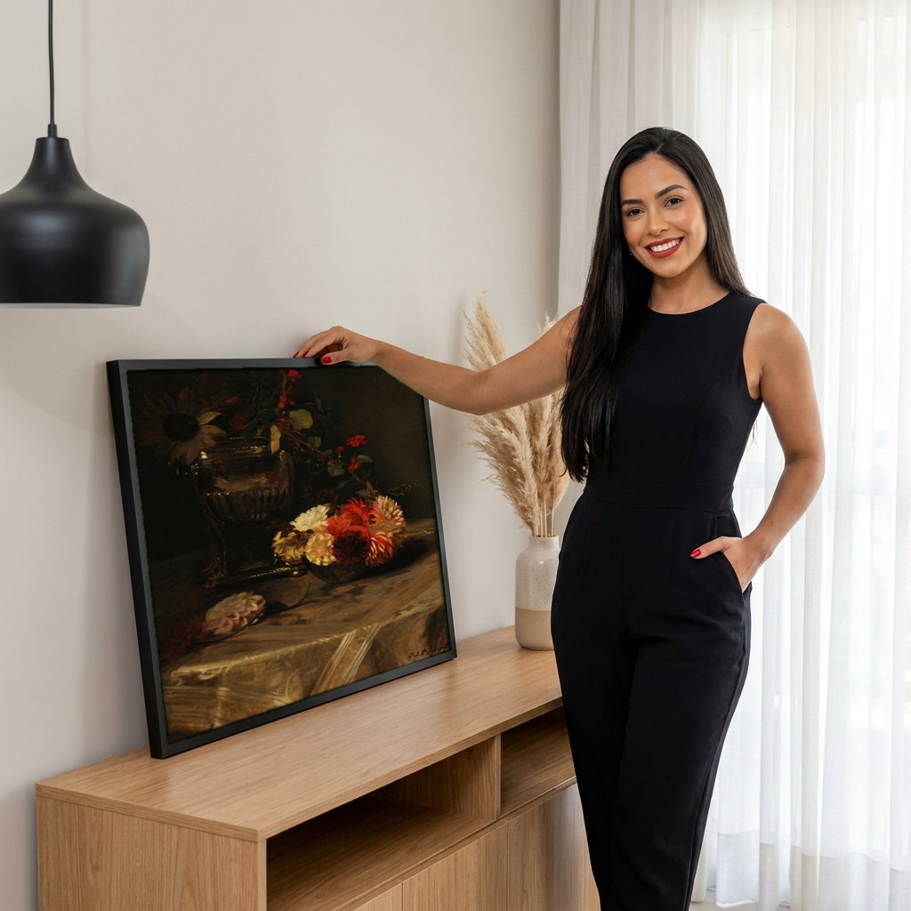 Quadro Decorativo Natureza Morta Floral - Jacques Émile Blanche | modelo apresentando o quadro emoldurado