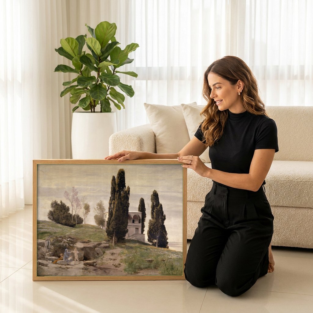 Quadro Decorativo A Chegada - Arnold Böcklin | modelo apresentando o quadro emoldurado