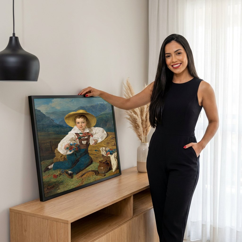 Quadro Decorativo Criança com Flores - Waldmüller | modelo apresentando o quadro emoldurado