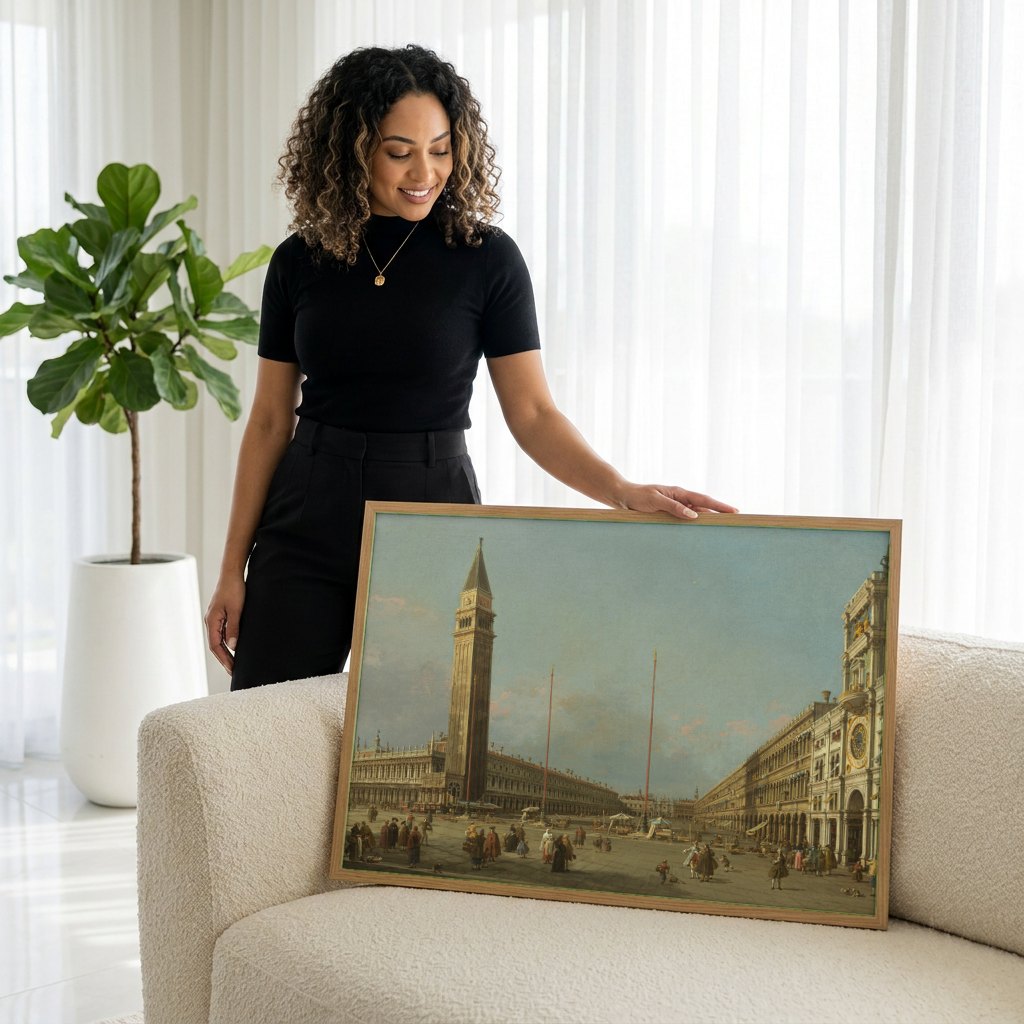 Quadro Decorativo Piazza San Marco - Canaletto | modelo apresentando o quadro emoldurado