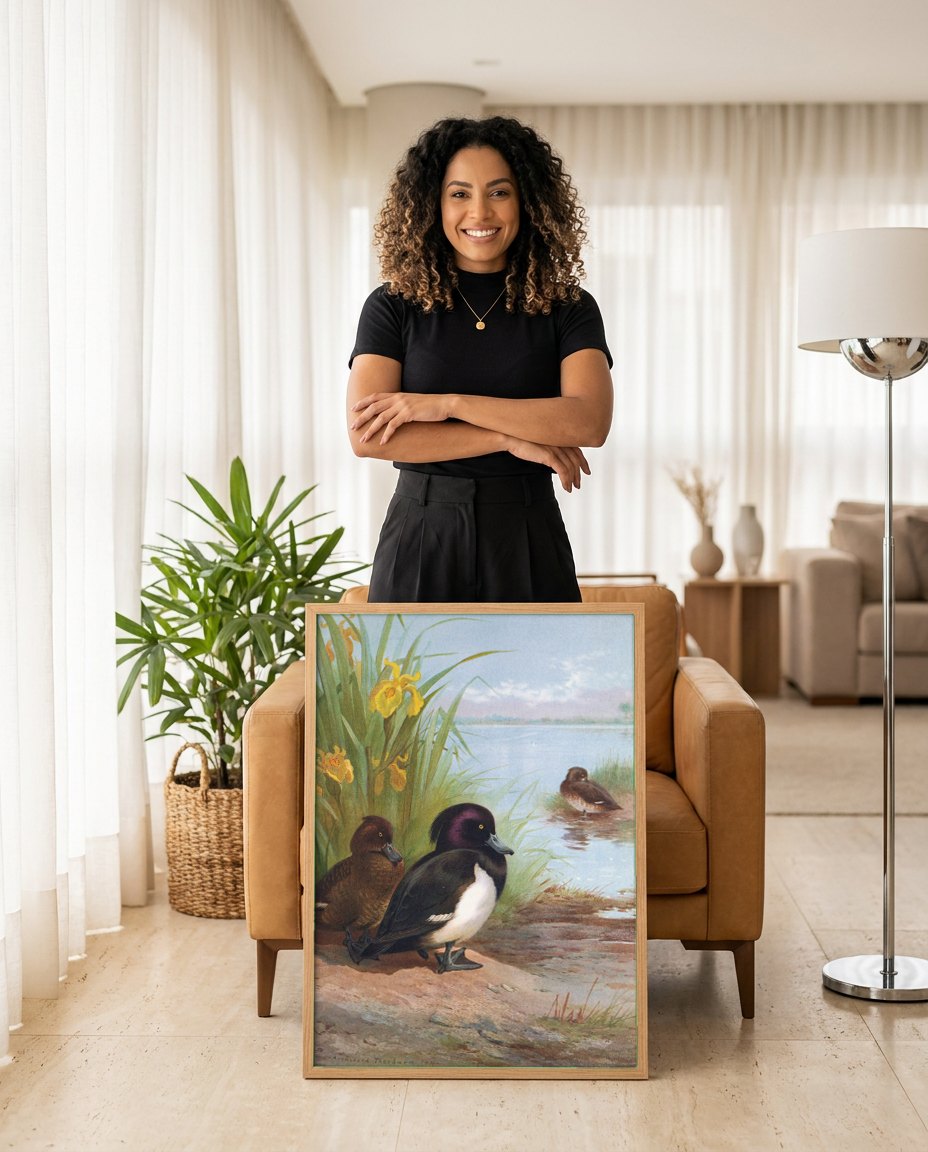 Quadro Decorativo Patos no Lago - Archibald Thorburn | modelo apresentando o quadro emoldurado