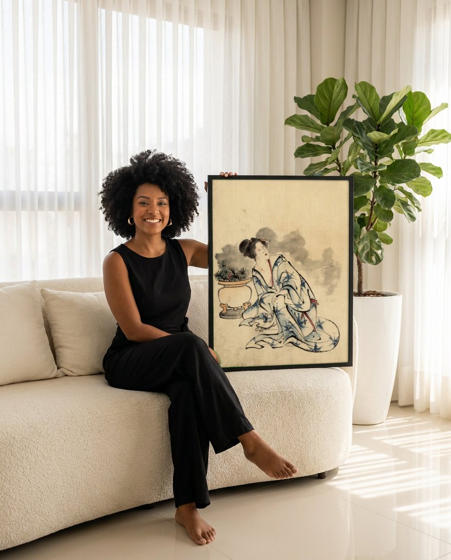 Quadro Decorativo A Dama do Quimono Azul - Hokusai | modelo apresentando o quadro emoldurado