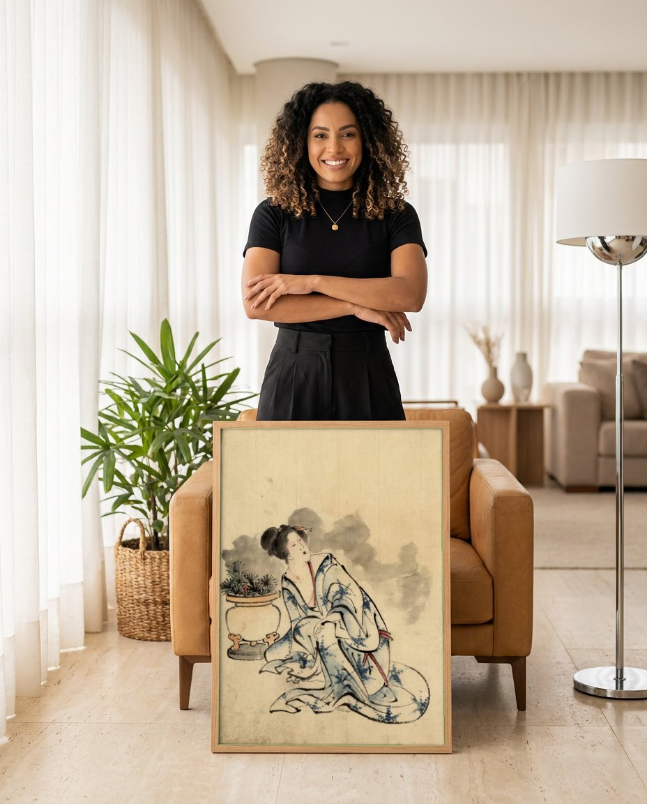 Quadro Decorativo A Dama do Quimono Azul - Hokusai | modelo apresentando o quadro emoldurado