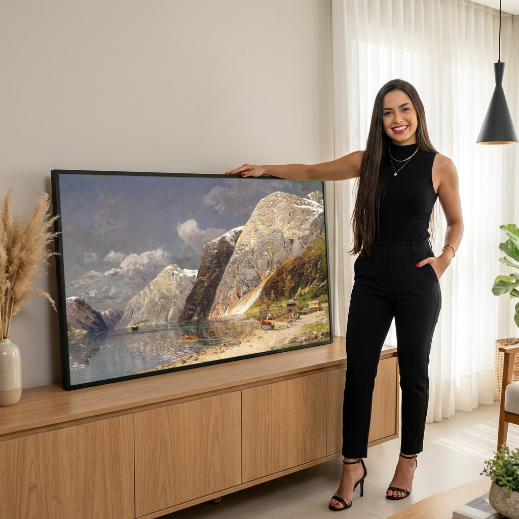 Quadro Decorativo Fiorde Norueguês - Karl Kaufmann | modelo apresentando o quadro emoldurado