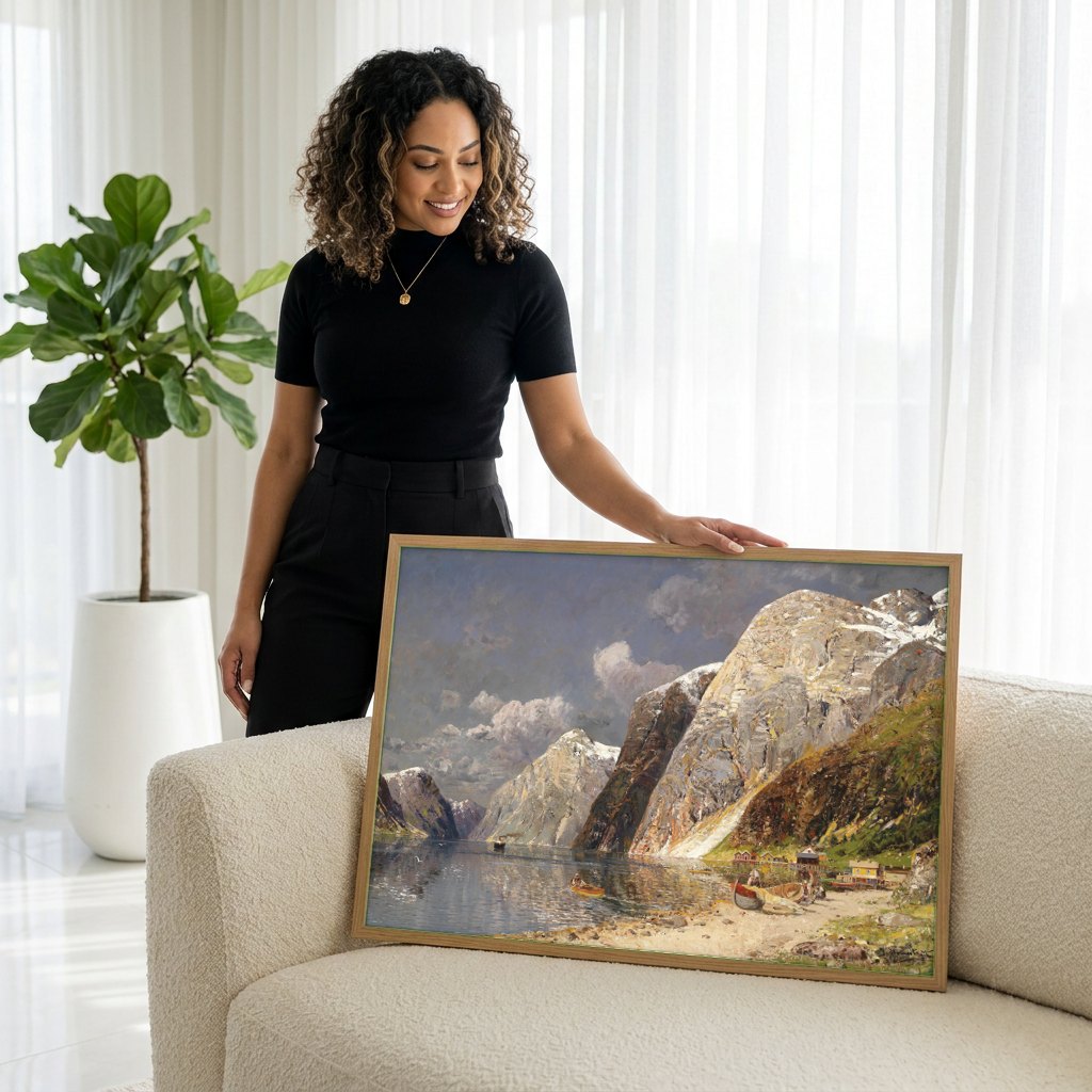 Quadro Decorativo Fiorde Norueguês - Karl Kaufmann | modelo apresentando o quadro emoldurado