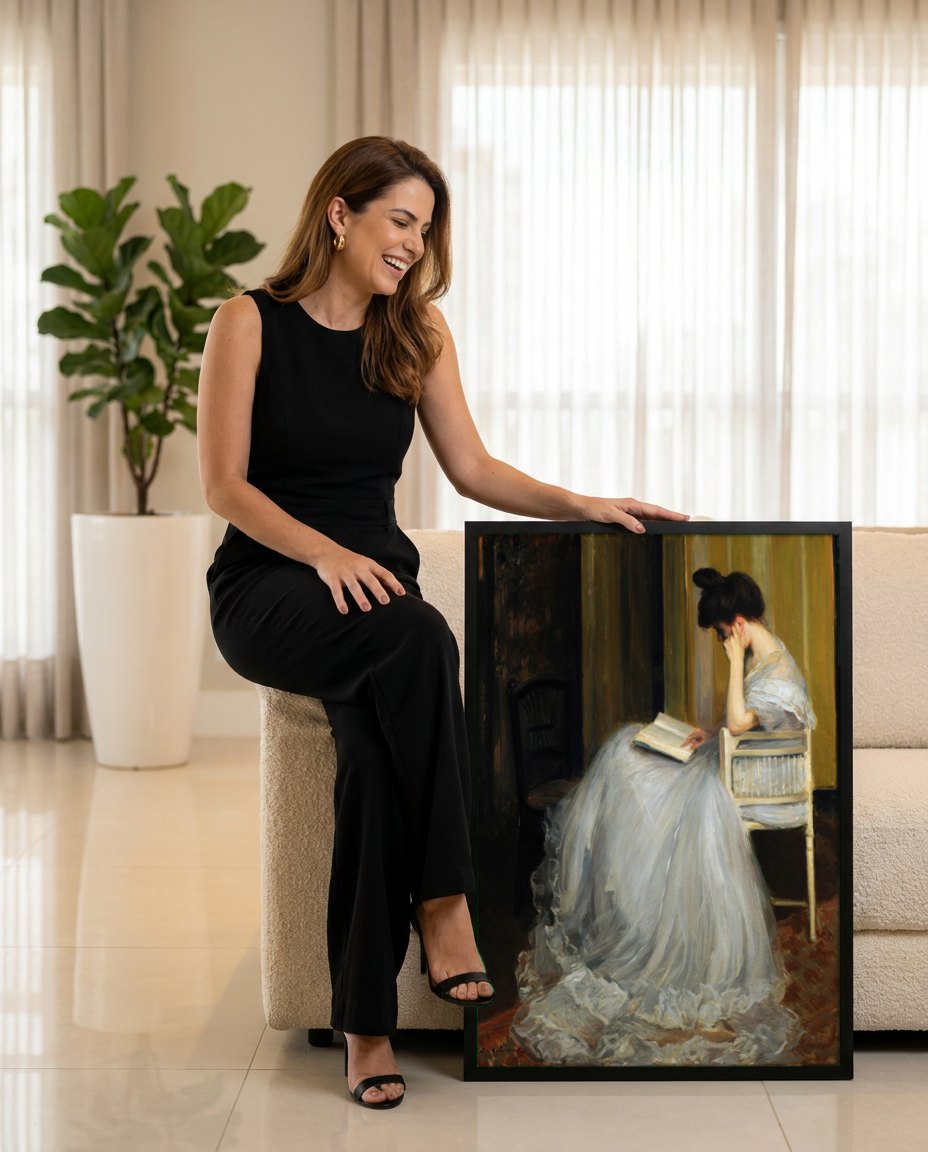 Quadro Decorativo A Leitora - Jacques Émile Blanche | modelo apresentando o quadro emoldurado