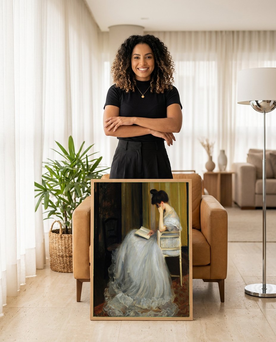 Quadro Decorativo A Leitora - Jacques Émile Blanche | modelo apresentando o quadro emoldurado