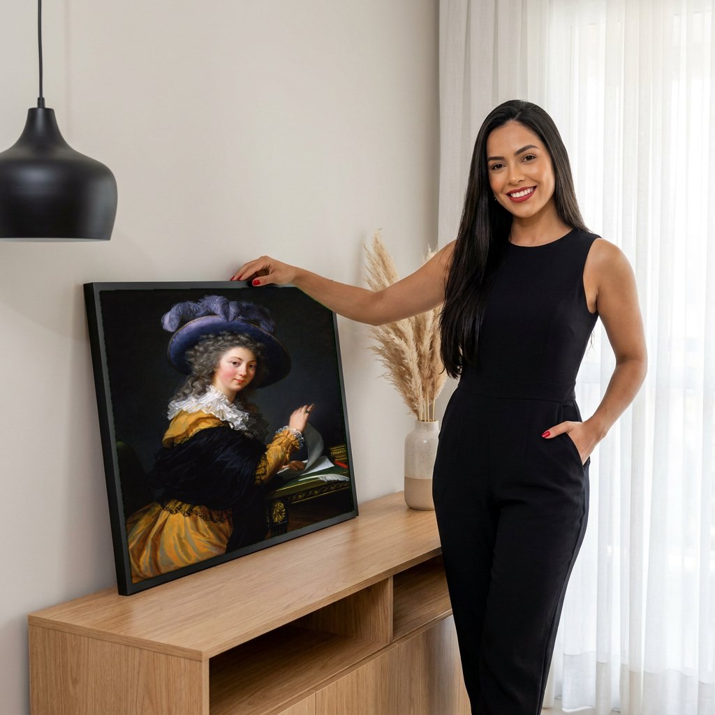 Quadro Decorativo A Dama do Chapéu Azul - Vigée Le Brun | modelo apresentando o quadro emoldurado