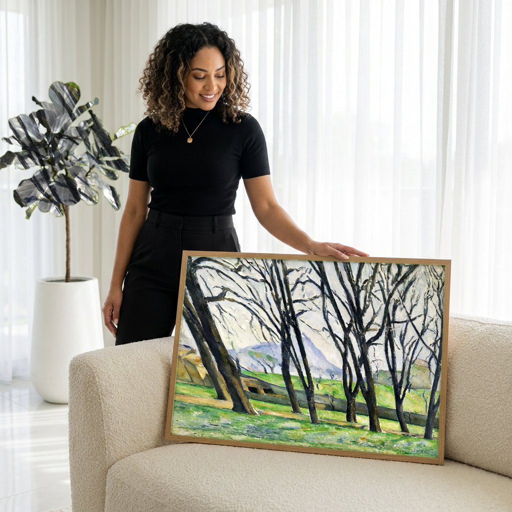 Quadro Decorativo Árvores e Casas - Paul Cézanne com modelo em ambiente