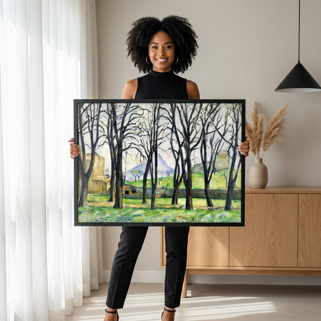 Quadro Decorativo Árvores e Casas - Paul Cézanne com modelo em ambiente