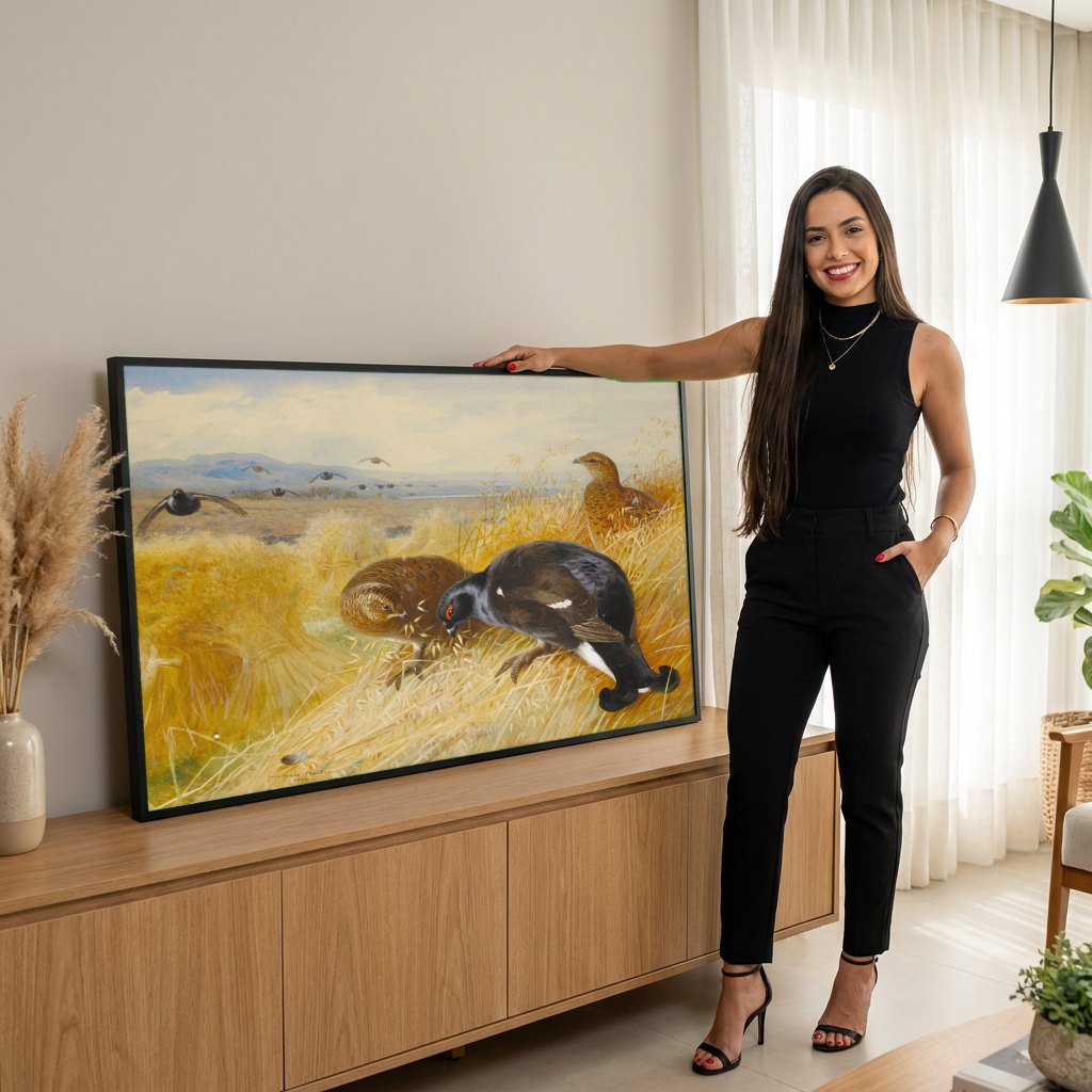 Quadro Decorativo Aves de Campo - Archibald Thorburn | modelo apresentando o quadro emoldurado