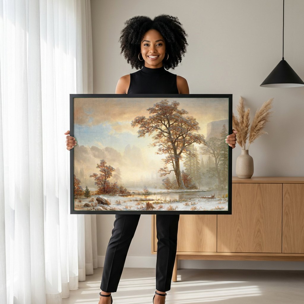 Quadro Decorativo Inverno na Floresta - Albert Bierstadt | modelo apresentando o quadro emoldurado