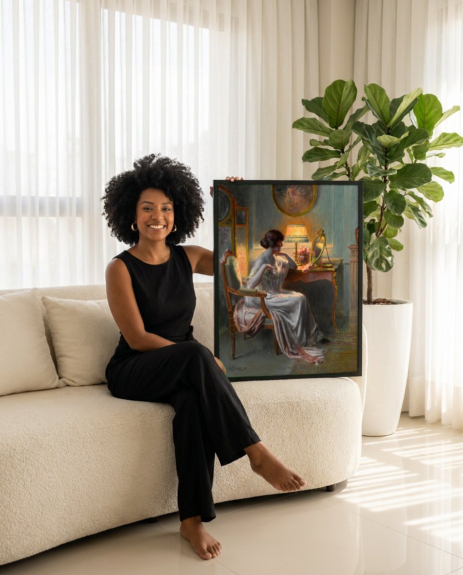 Quadro Decorativo A Dama e o Espelho - Delphin Enjolras | modelo apresentando o quadro emoldurado