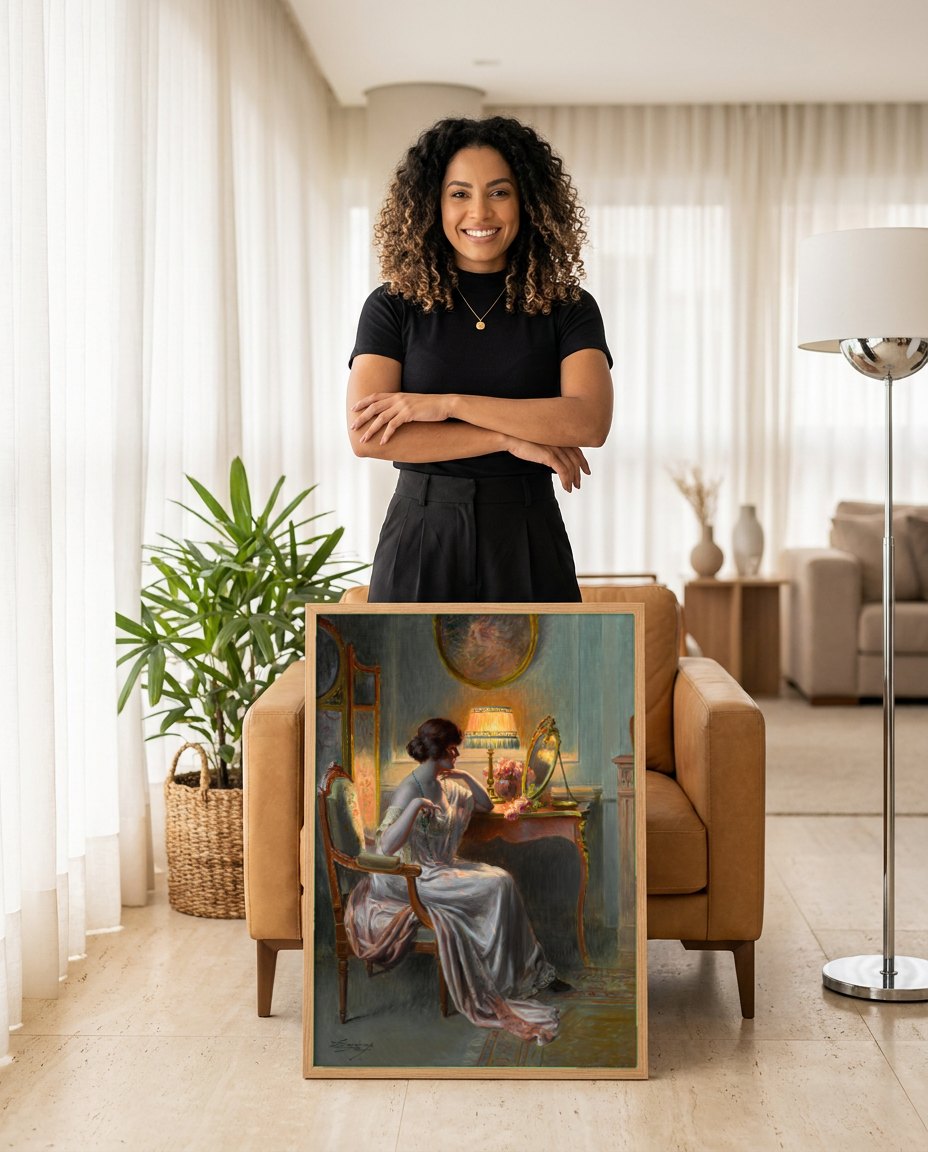 Quadro Decorativo A Dama e o Espelho - Delphin Enjolras | modelo apresentando o quadro emoldurado