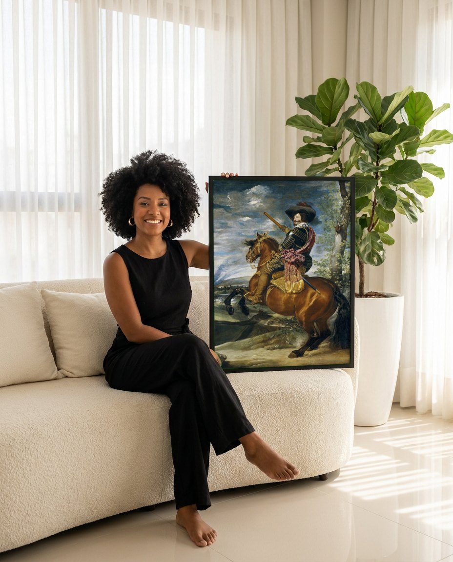 Quadro Decorativo Filipe IV a Cavalo - Velázquez | modelo apresentando o quadro emoldurado