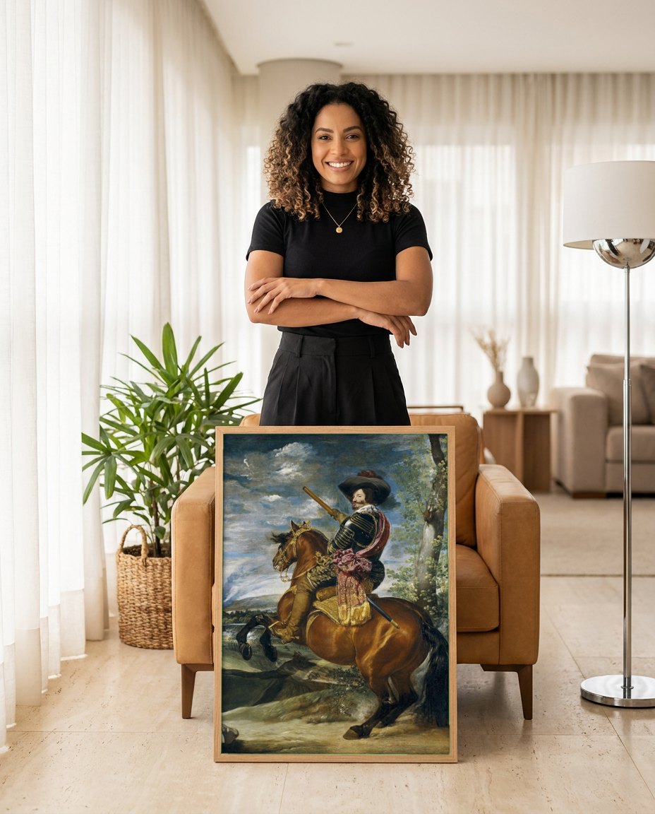 Quadro Decorativo Filipe IV a Cavalo - Velázquez | modelo apresentando o quadro emoldurado