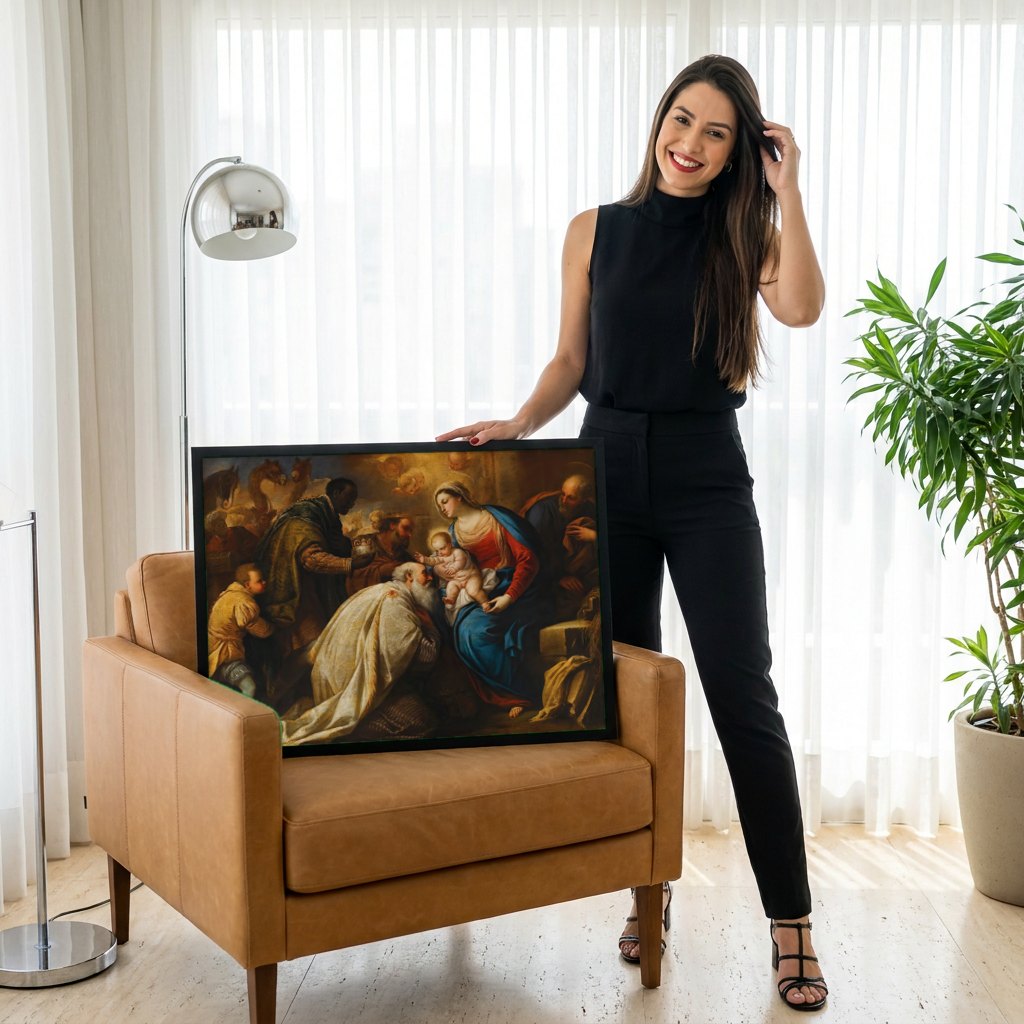 Quadro Decorativo A Adoração dos Magos - Luca Giordano | modelo apresentando o quadro emoldurado
