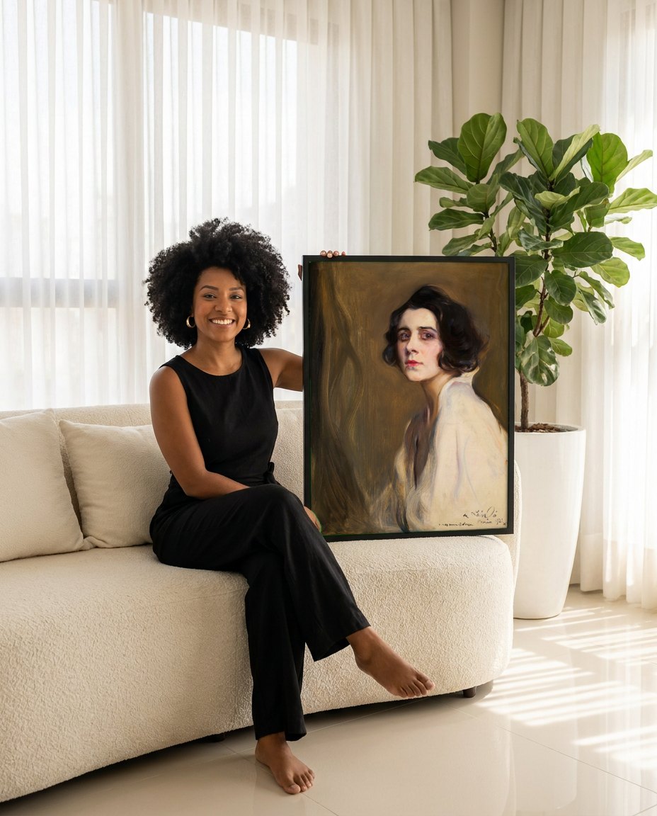 Quadro Decorativo Retrato de Mulher - Philip de László | modelo apresentando o quadro emoldurado