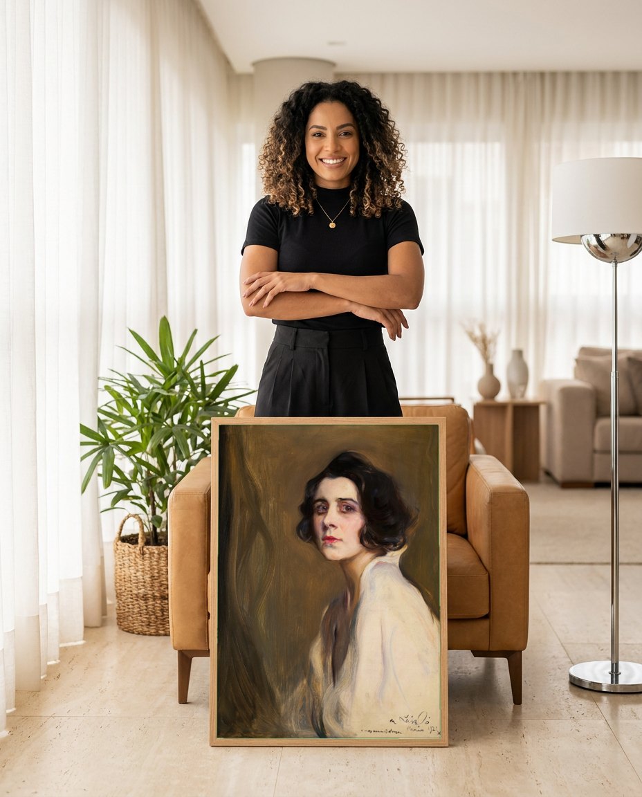 Quadro Decorativo Retrato de Mulher - Philip de László | modelo apresentando o quadro emoldurado