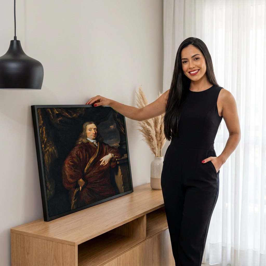 Quadro Decorativo Retrato de Homem - Nicolaes Maes | modelo apresentando o quadro emoldurado