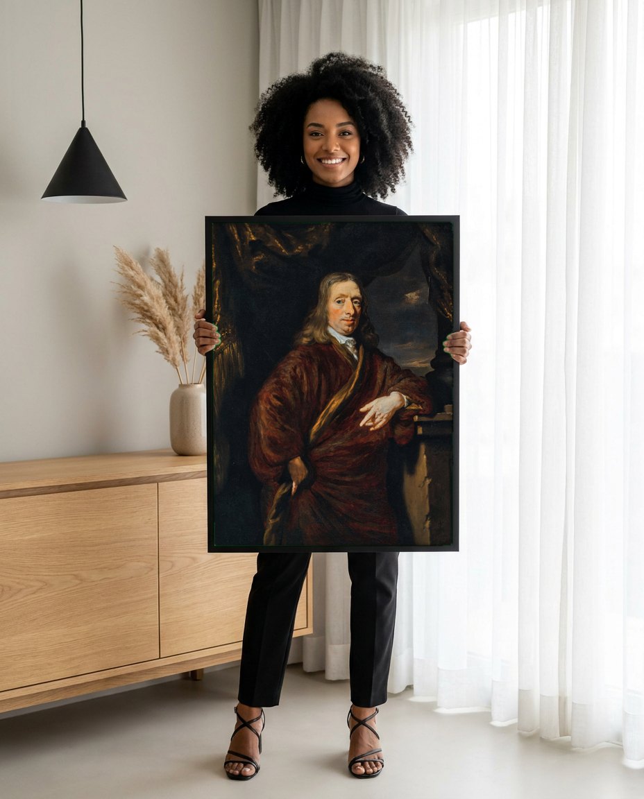 Quadro Decorativo Retrato de Homem - Nicolaes Maes | modelo apresentando o quadro emoldurado