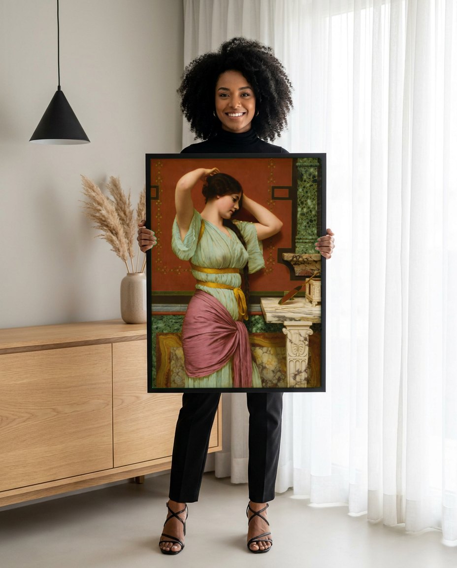Quadro Decorativo A Preparação - John William Godward | modelo apresentando o quadro emoldurado