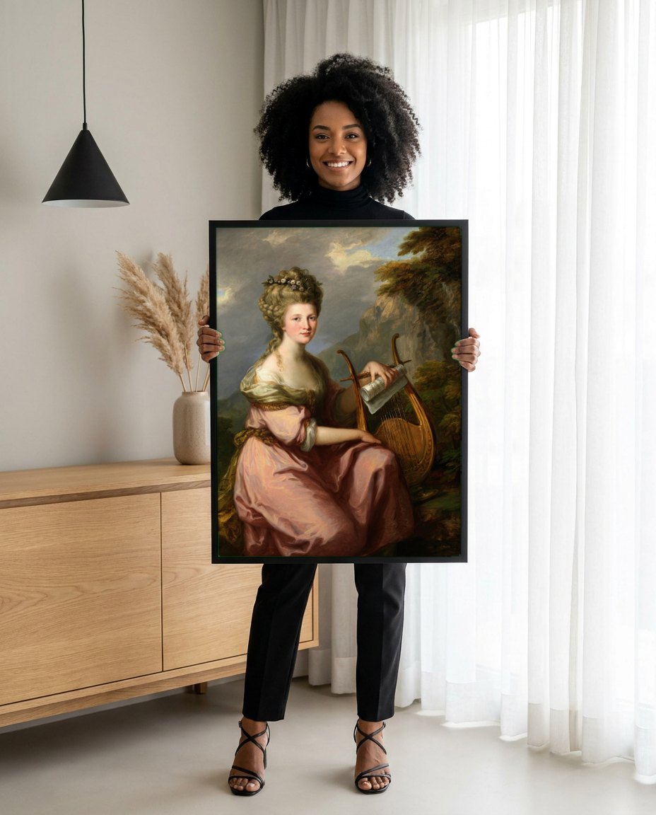 Quadro Decorativo Retrato com Lira - Angelica Kauffmann | modelo apresentando o quadro emoldurado