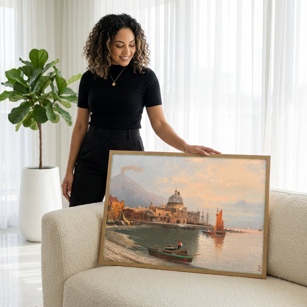 Quadro Decorativo Porto Italiano com Vulcão - Karl Kaufmann | modelo apresentando o quadro emoldurado