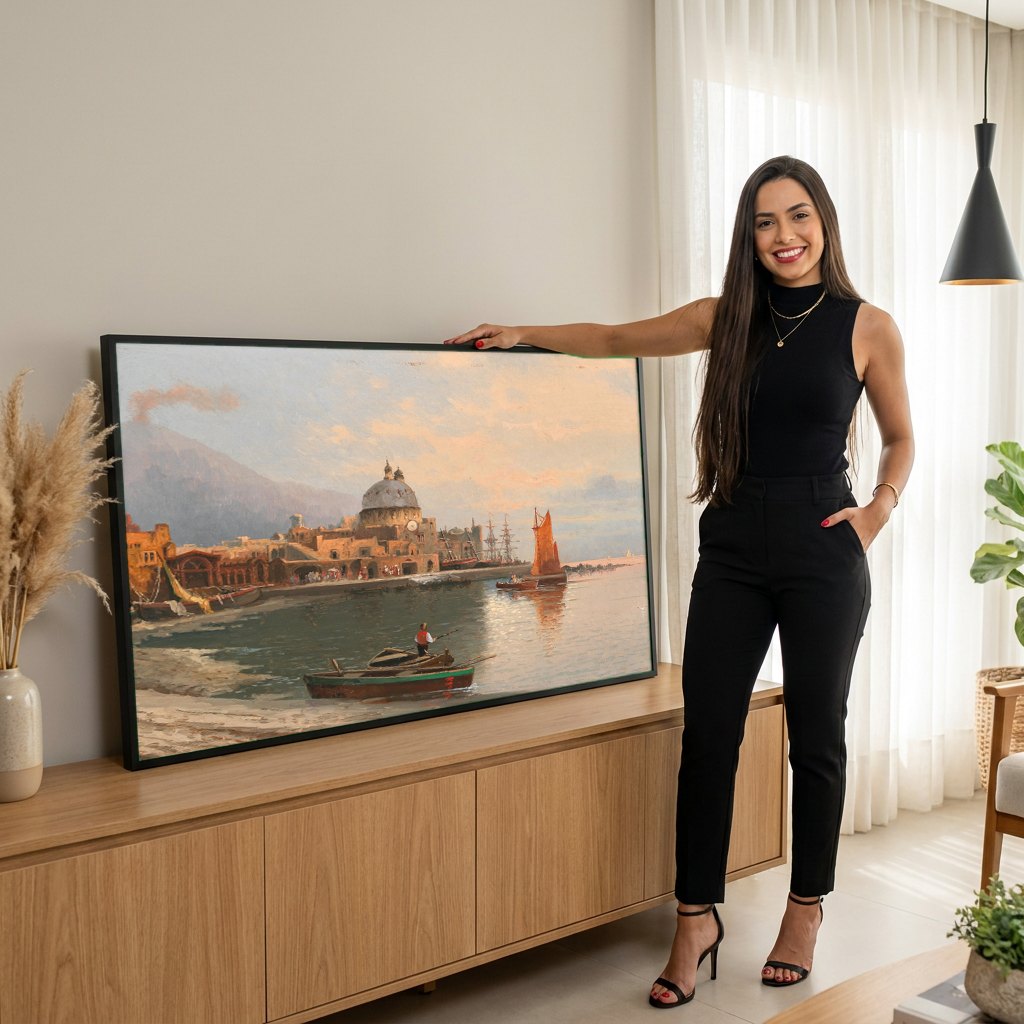 Quadro Decorativo Porto Italiano com Vulcão - Karl Kaufmann | modelo apresentando o quadro emoldurado