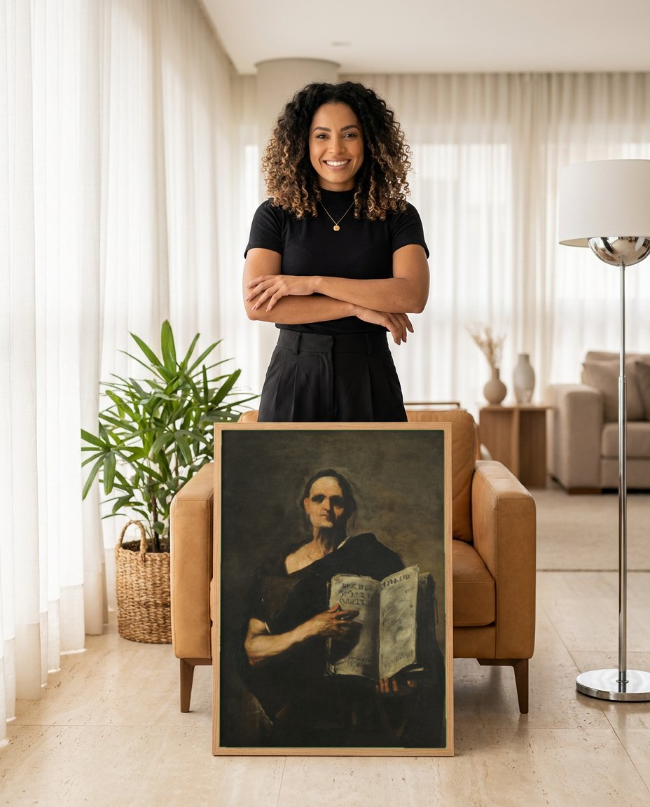 Quadro Decorativo Homem Lendo um Livro - Luca Giordano | modelo apresentando o quadro emoldurado