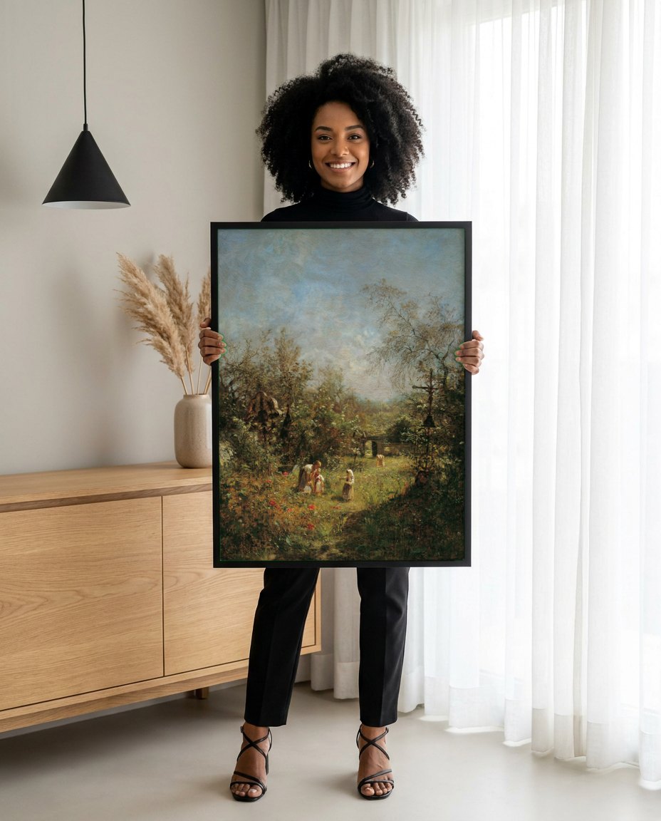 Quadro Decorativo Jardins com Figuras - Olga Wisinger-Florian | modelo apresentando o quadro emoldurado