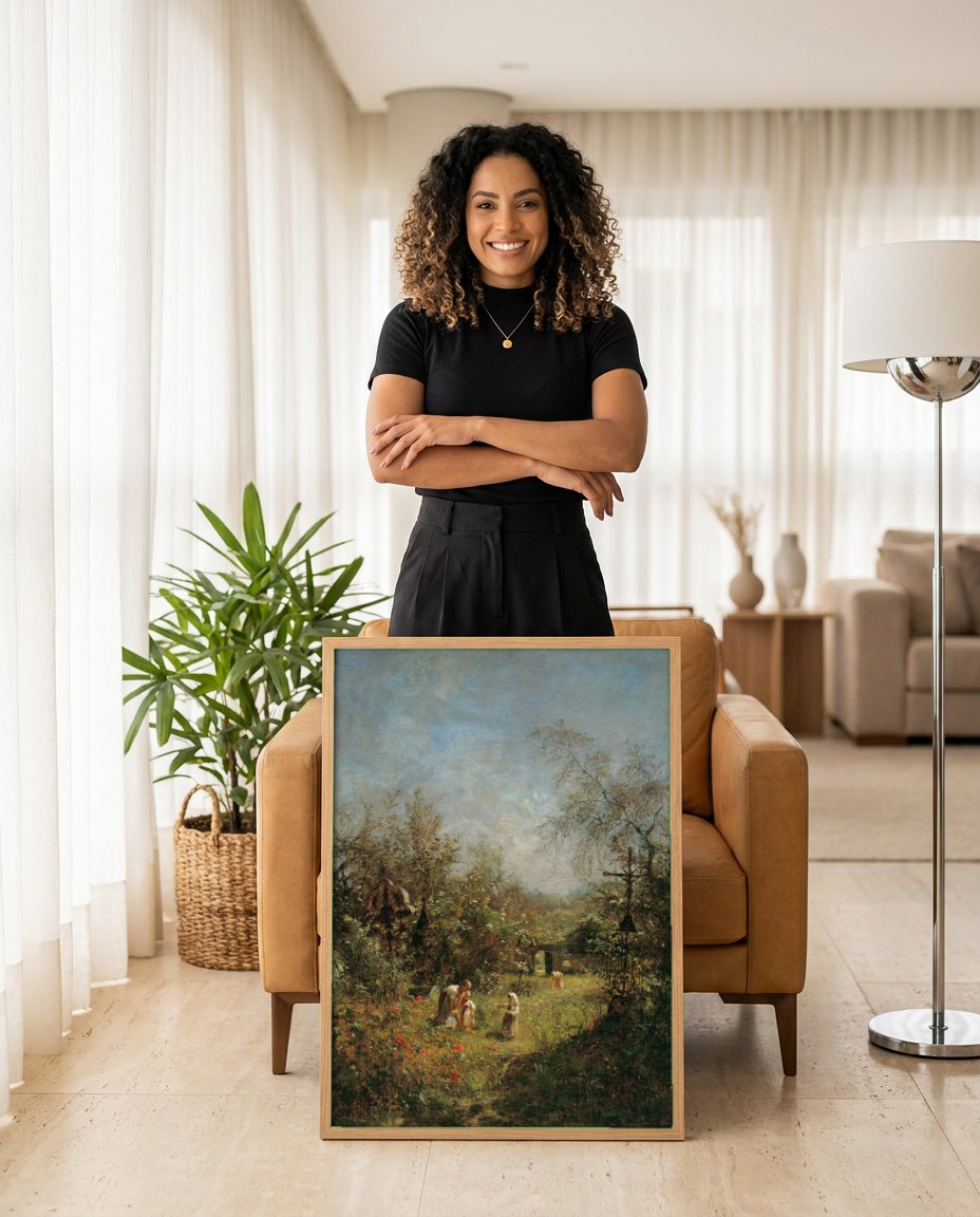 Quadro Decorativo Jardins com Figuras - Olga Wisinger-Florian | modelo apresentando o quadro emoldurado