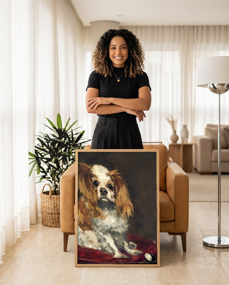 Quadro Decorativo 'King Charles Spaniel' - Édouard Manet com modelo em ambiente