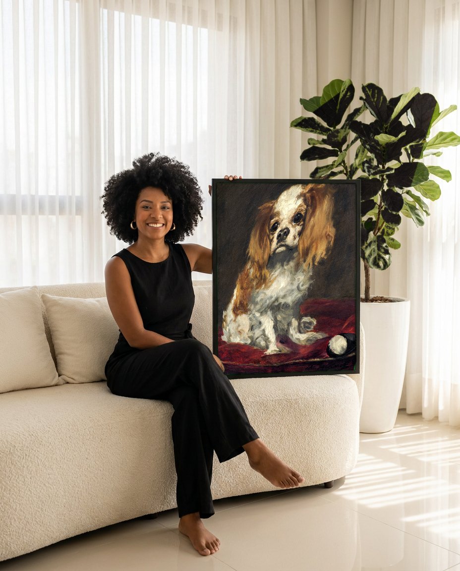 Quadro Decorativo 'King Charles Spaniel' - Édouard Manet com modelo em ambiente