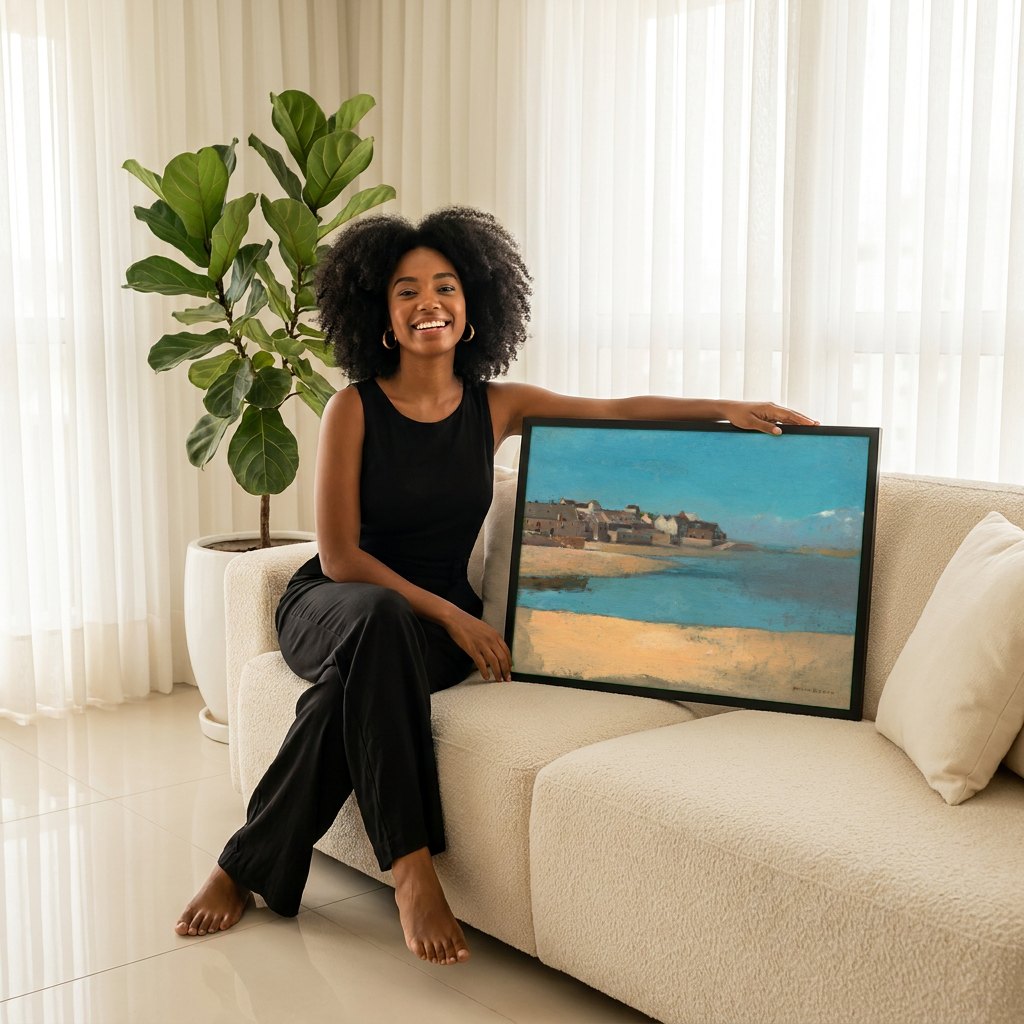 Quadro Decorativo Paisagem Costeira - Odilon Redon | modelo apresentando o quadro emoldurado