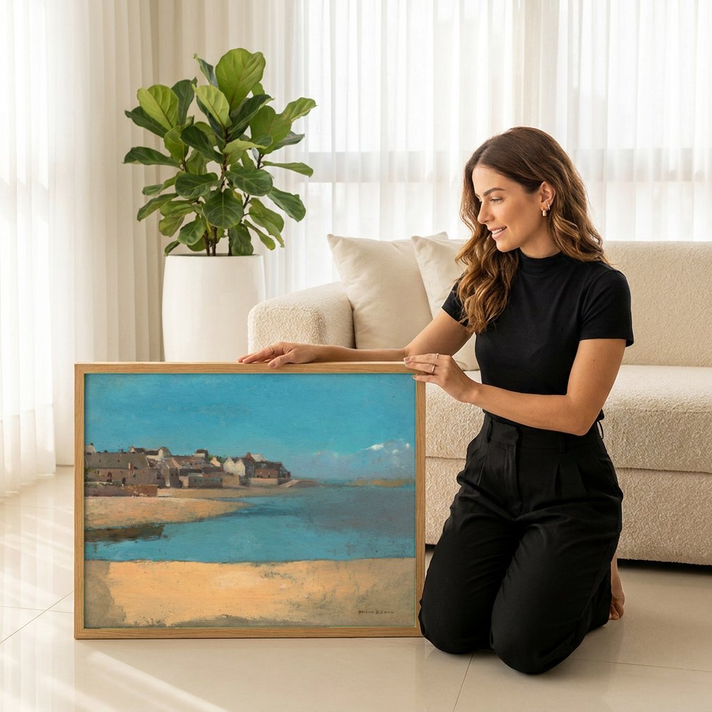 Quadro Decorativo Paisagem Costeira - Odilon Redon | modelo apresentando o quadro emoldurado