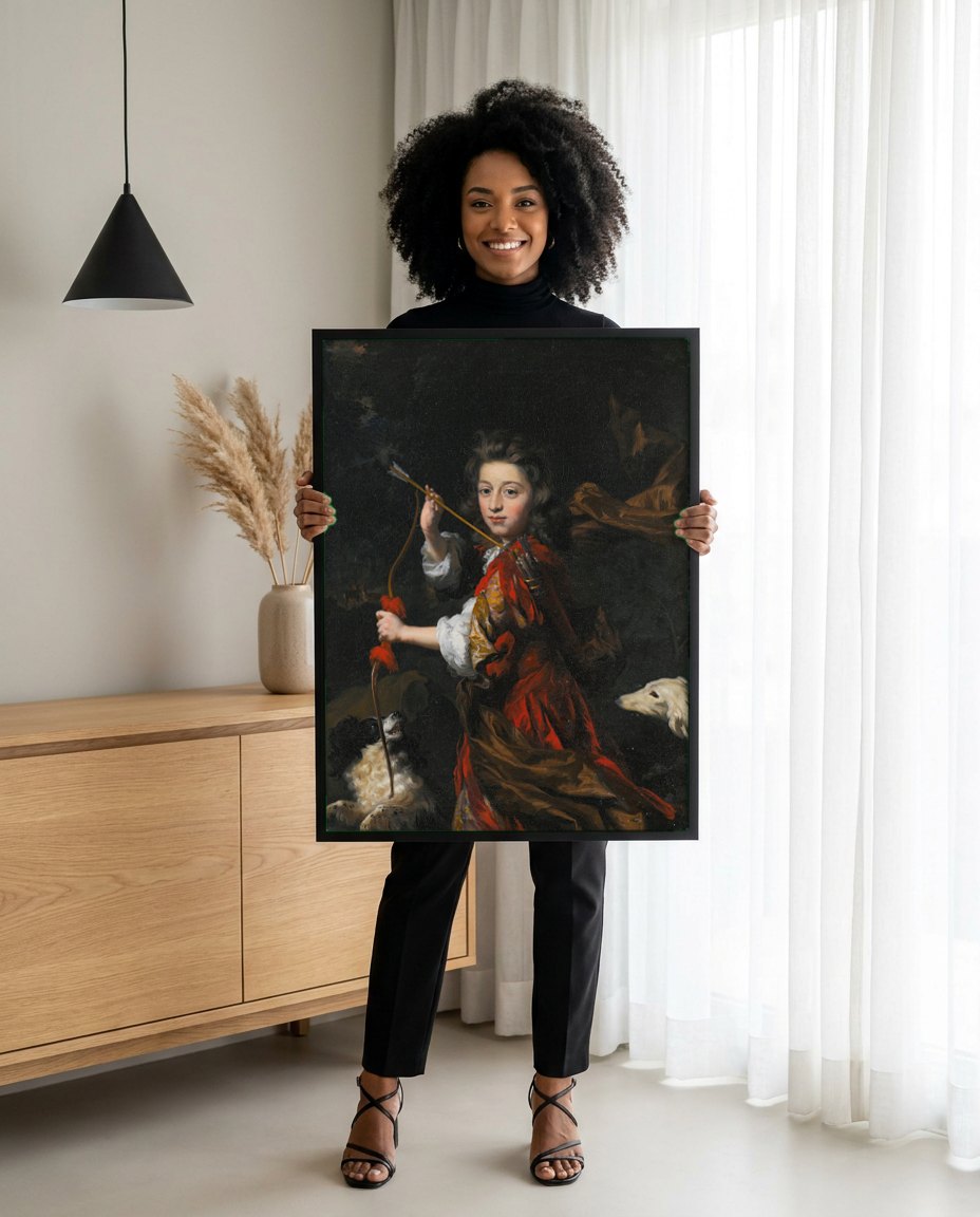 Quadro Decorativo Criança Caçadora - Nicolaes Maes | modelo apresentando o quadro emoldurado