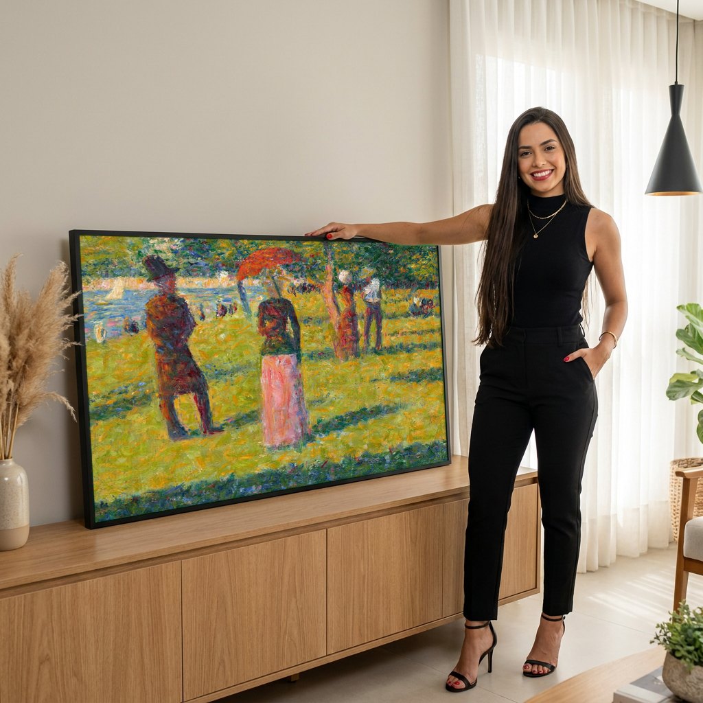 Quadro Decorativo Tarde de Domingo na Ilha da Grande Jatte - Seurat | modelo apresentando o quadro emoldurado