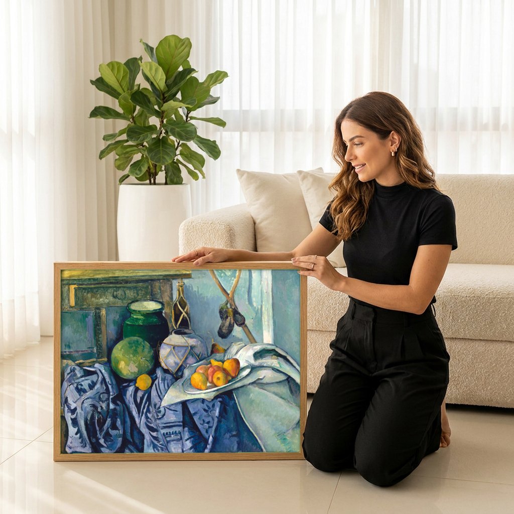 Quadro Decorativo Natureza-Morta com Melancia - Paul Cézanne | modelo apresentando o quadro emoldurado
