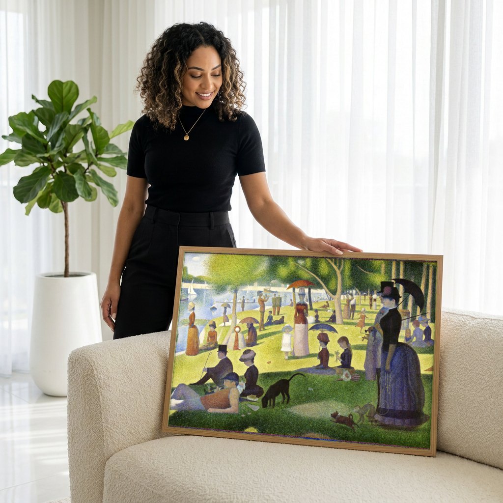Quadro Decorativo Tarde de Domingo na Ilha Grande Jatte - Seurat | modelo apresentando o quadro emoldurado