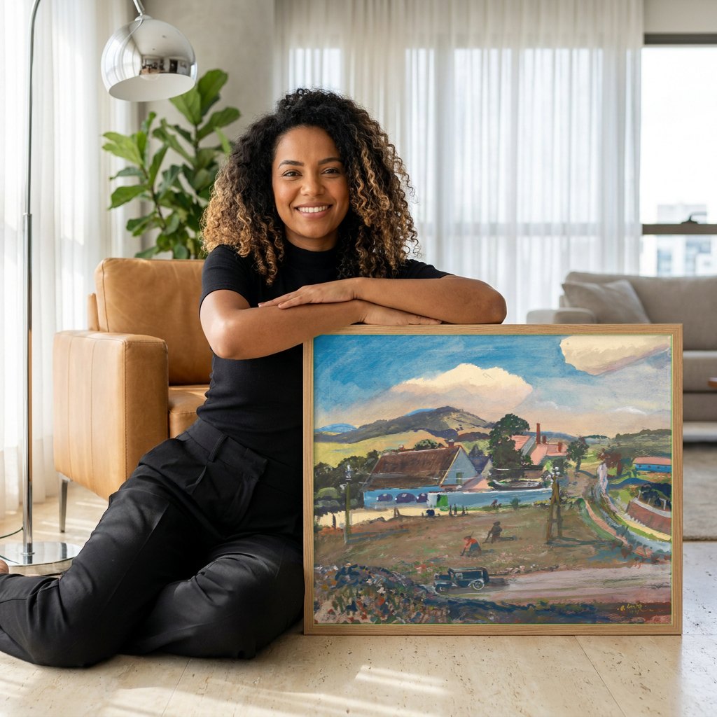 Quadro Decorativo Campo e Nuvens - Oskar Laske | modelo apresentando o quadro emoldurado